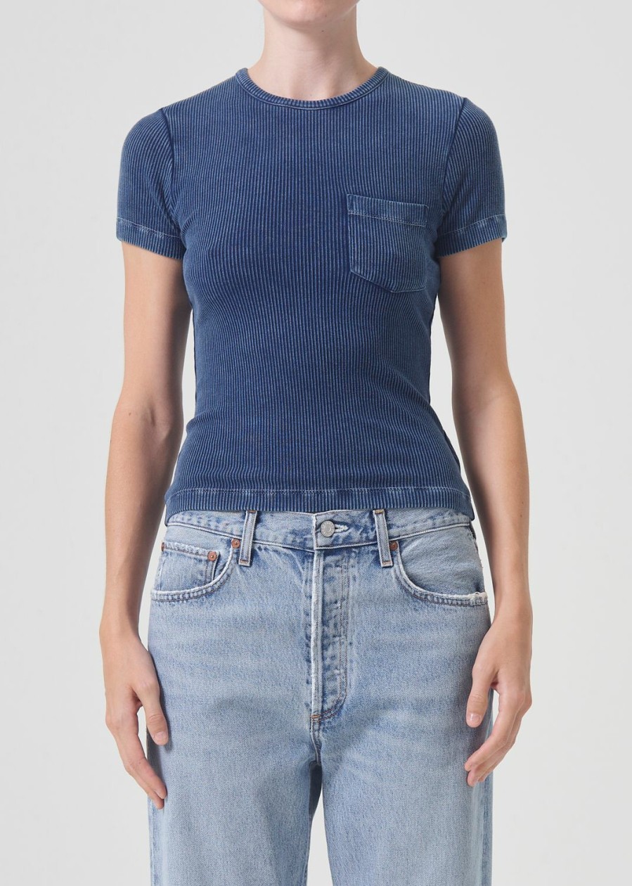 AGOLDE Arlo Rib Pocket Tee In Indigo | Tops & Bodysuits