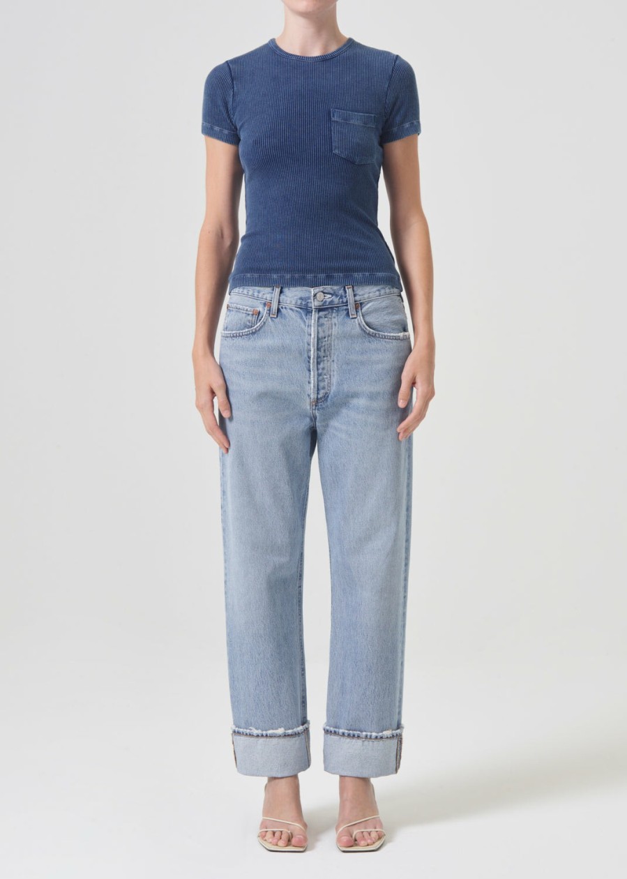 AGOLDE Arlo Rib Pocket Tee In Indigo | Tops & Bodysuits