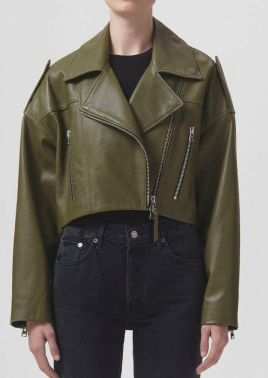 AGOLDE Shoreditch Ski Club X Agolde Remi Leather Biker Jacket In Grass | Jackets & Vests